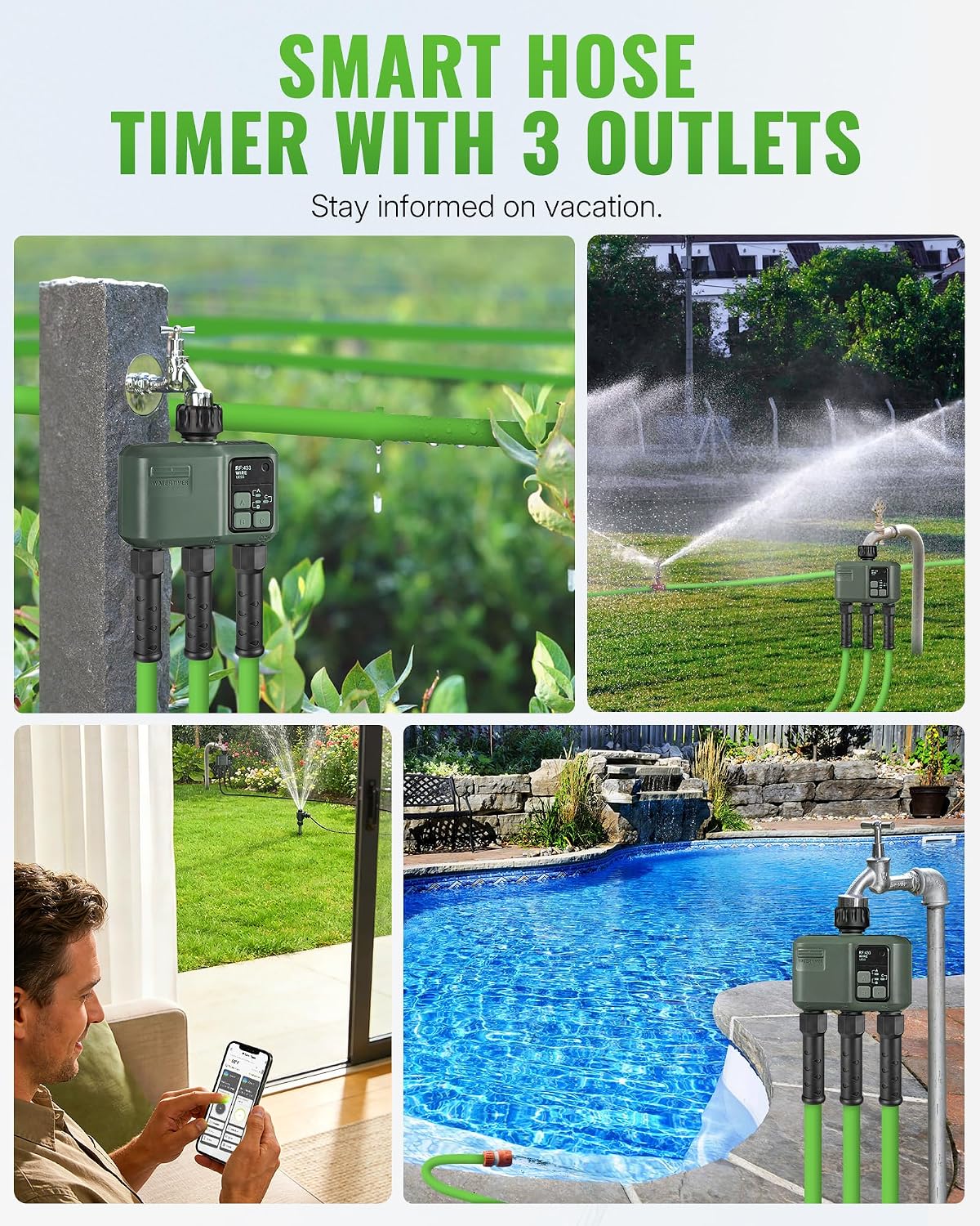 WiFi Water Timer for Garden Hose, Sprinkler Timer 4 Zone, Smart Hose Water with WiFi Irrigation Controller,Voice Control RF433 Automatic Irrigation System/Rain Delay/Manual Watering D34WT06