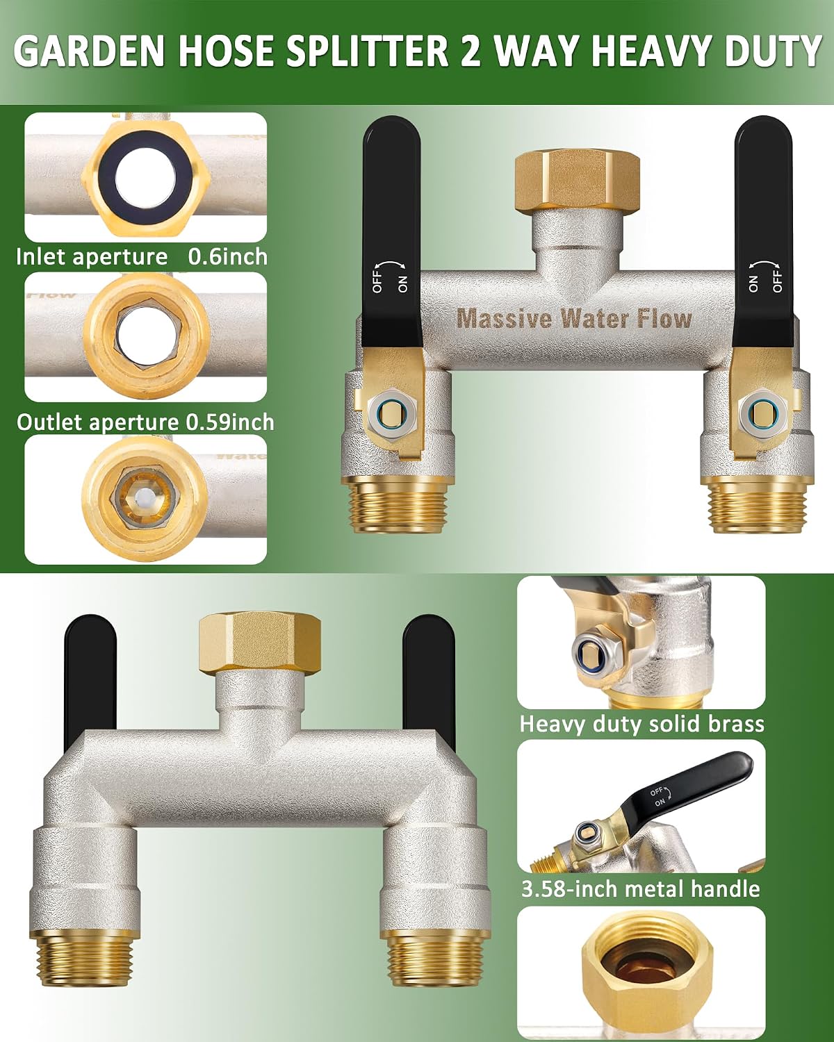 Hose Splitter 2 Way Heavy Duty, Brass Garden Hose Splitter