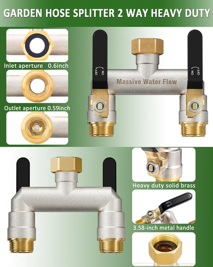 Hose Splitter 2 Way Heavy Duty, Brass Garden Hose Splitter