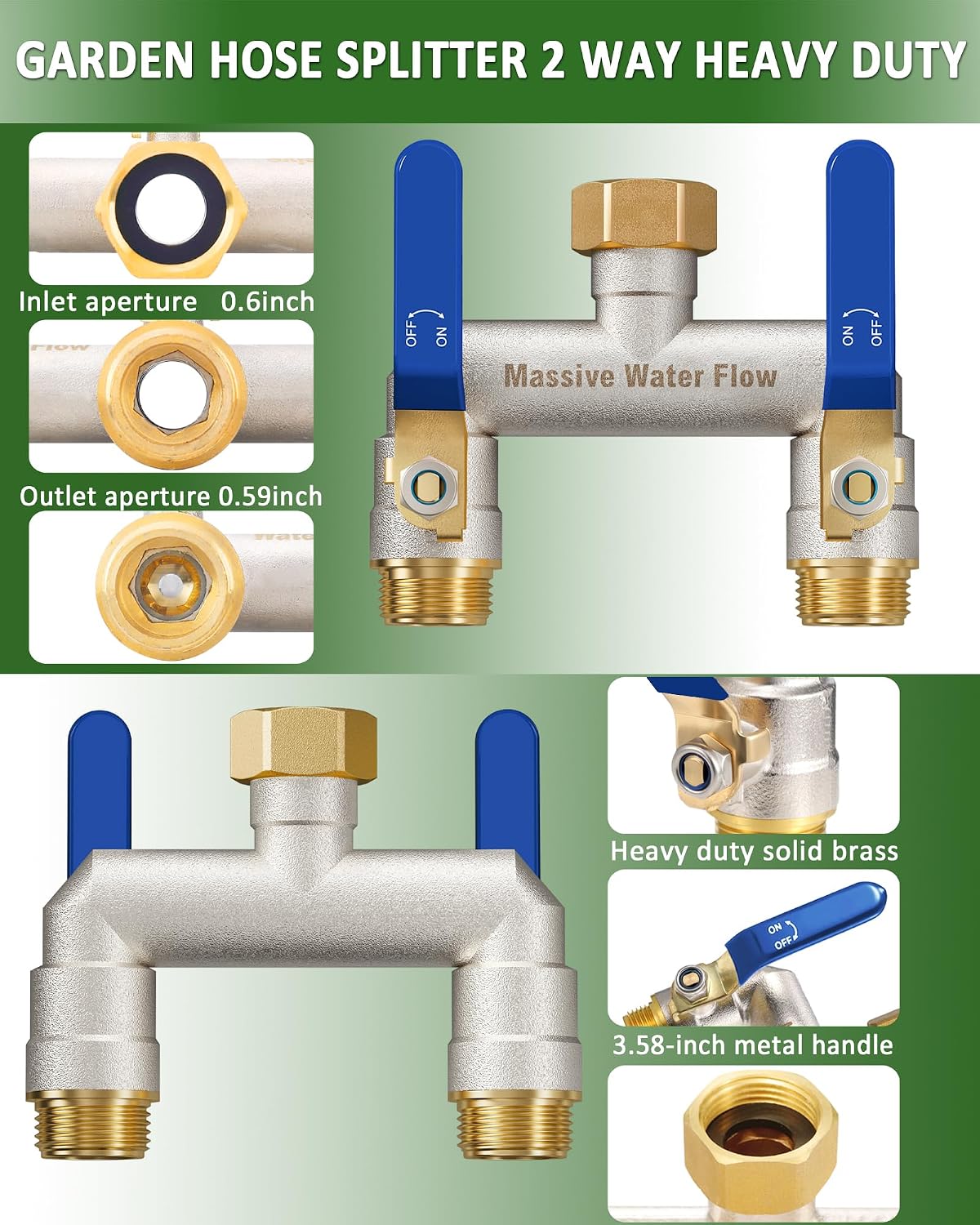 Hose Splitter 2 Way Heavy Duty, Brass Garden Hose Splitter