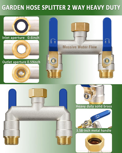 Hose Splitter 2 Way Heavy Duty, Brass Garden Hose Splitter