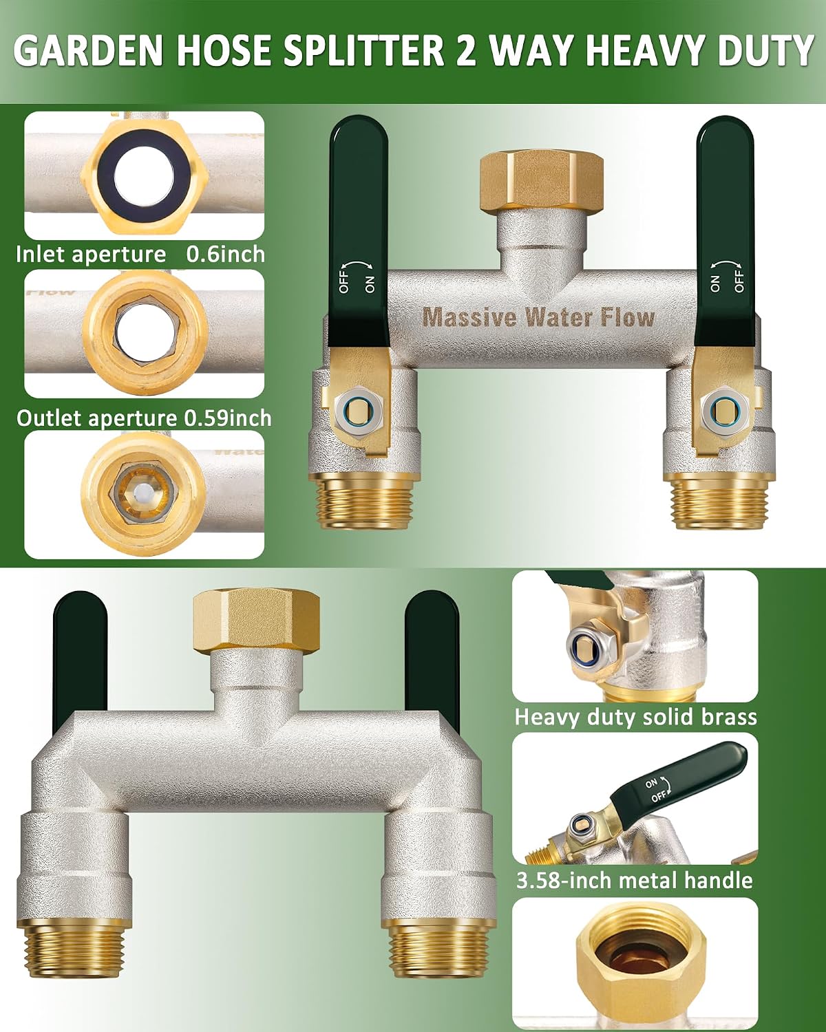 Hose Splitter 2 Way Heavy Duty, Brass Garden Hose Splitter