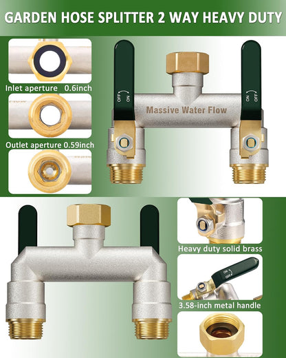 Hose Splitter 2 Way Heavy Duty, Brass Garden Hose Splitter