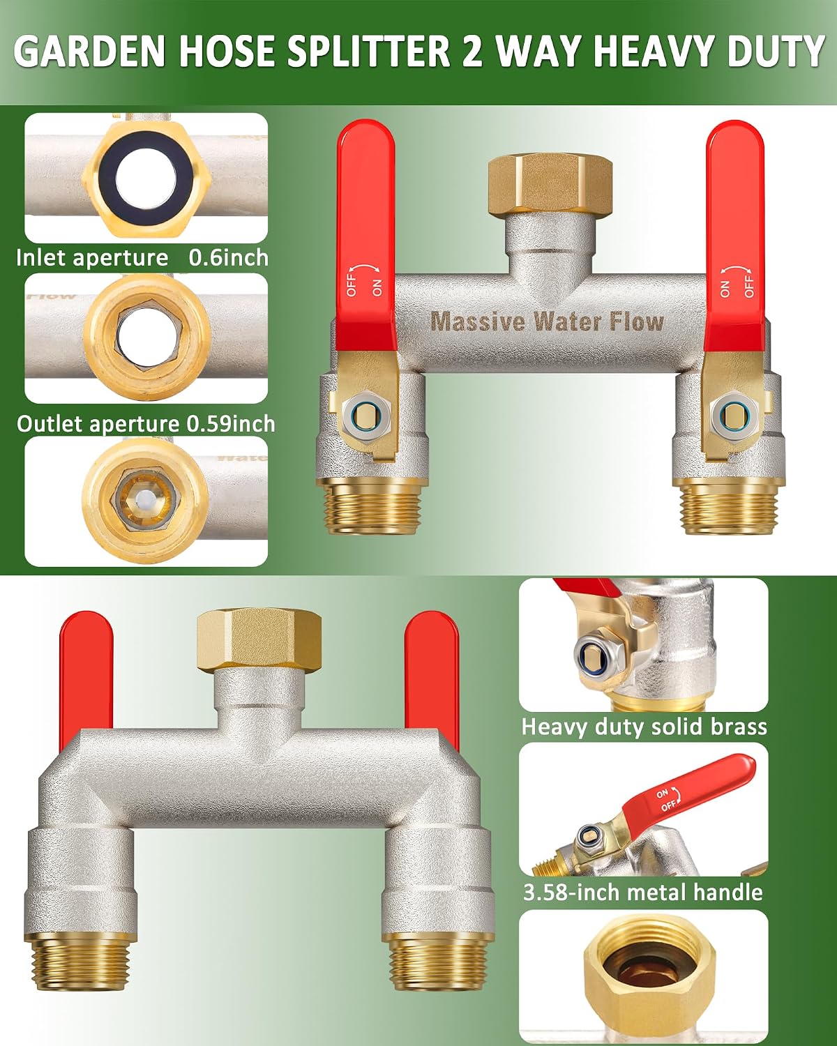 Hose Splitter 2 Way Heavy Duty, Brass Garden Hose Splitter
