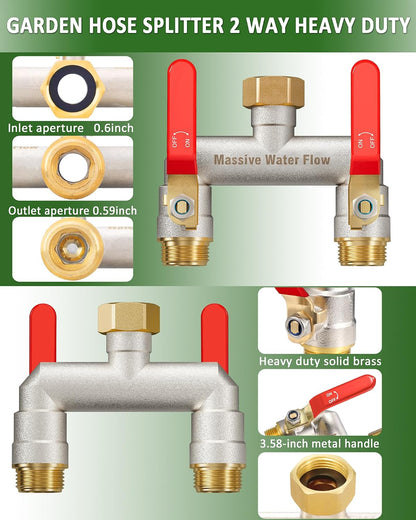 Hose Splitter 2 Way Heavy Duty, Brass Garden Hose Splitter