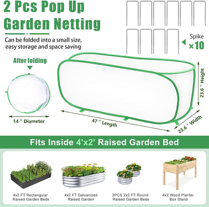 2 Pack Garden Netting Covers, 3.9X2FT Raised Bed Plant Netting, 10 Stakes