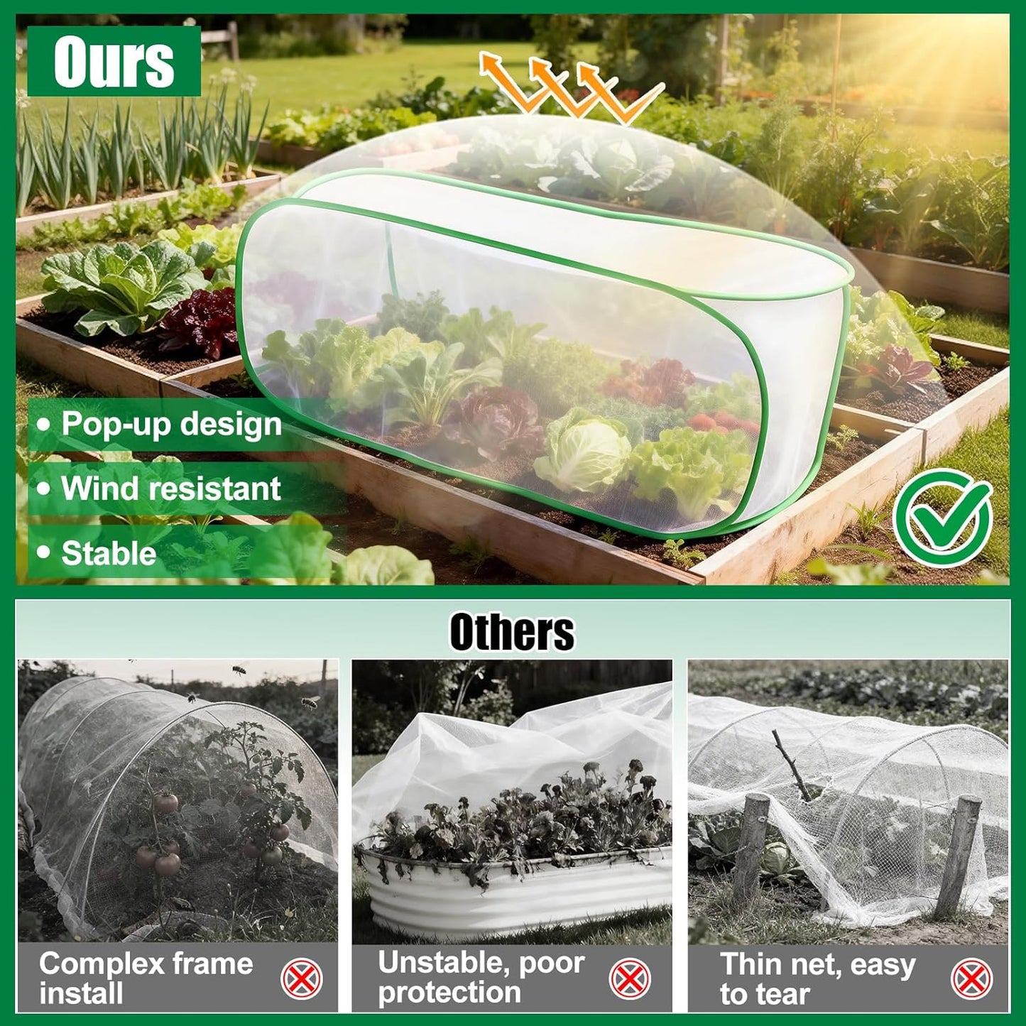 2 Pack Garden Netting Covers, 3.9X2FT Raised Bed Plant Netting, 10 Stakes