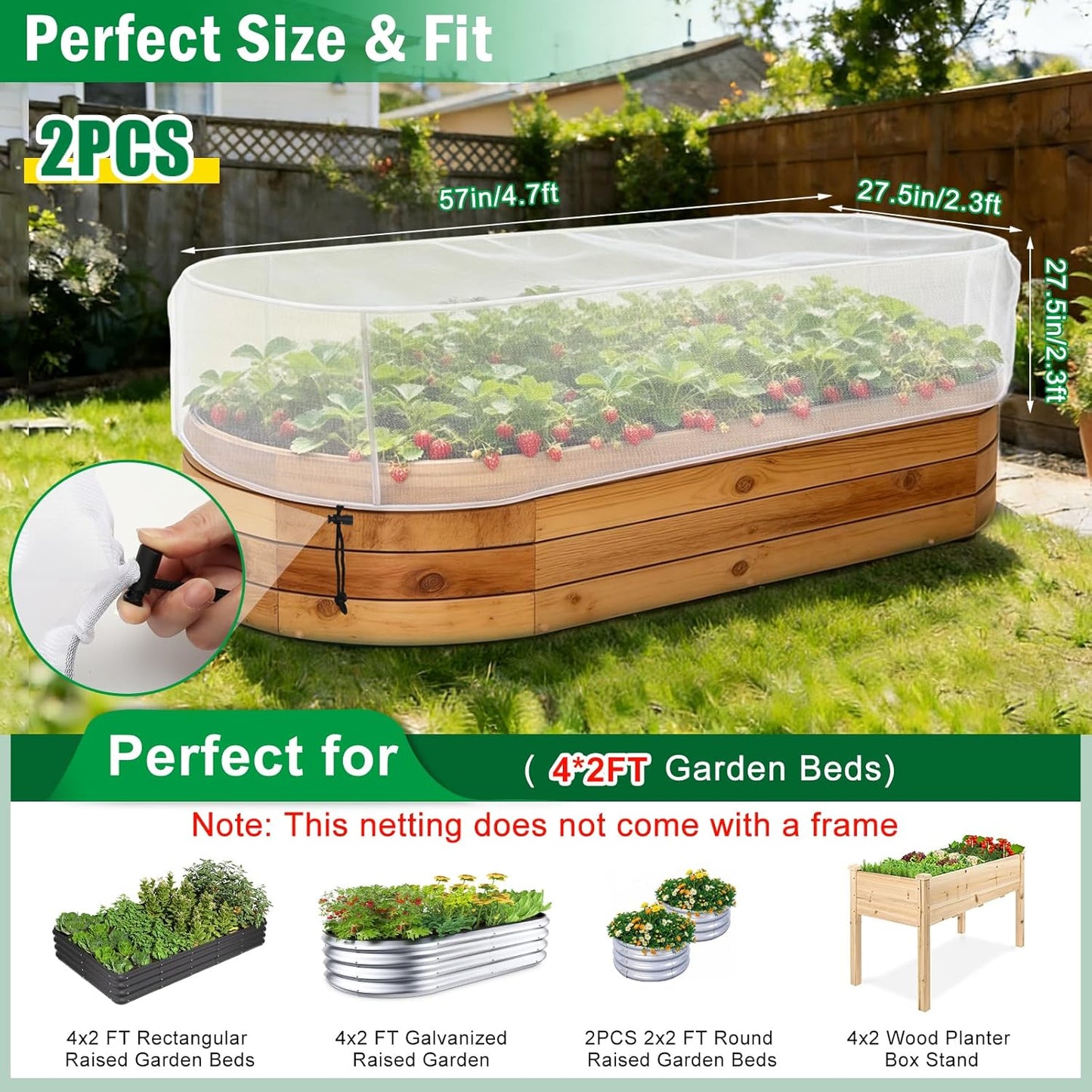 2 Pack Garden Netting Covers, 3.9X2FT Raised Bed Plant Netting, 10 Stakes