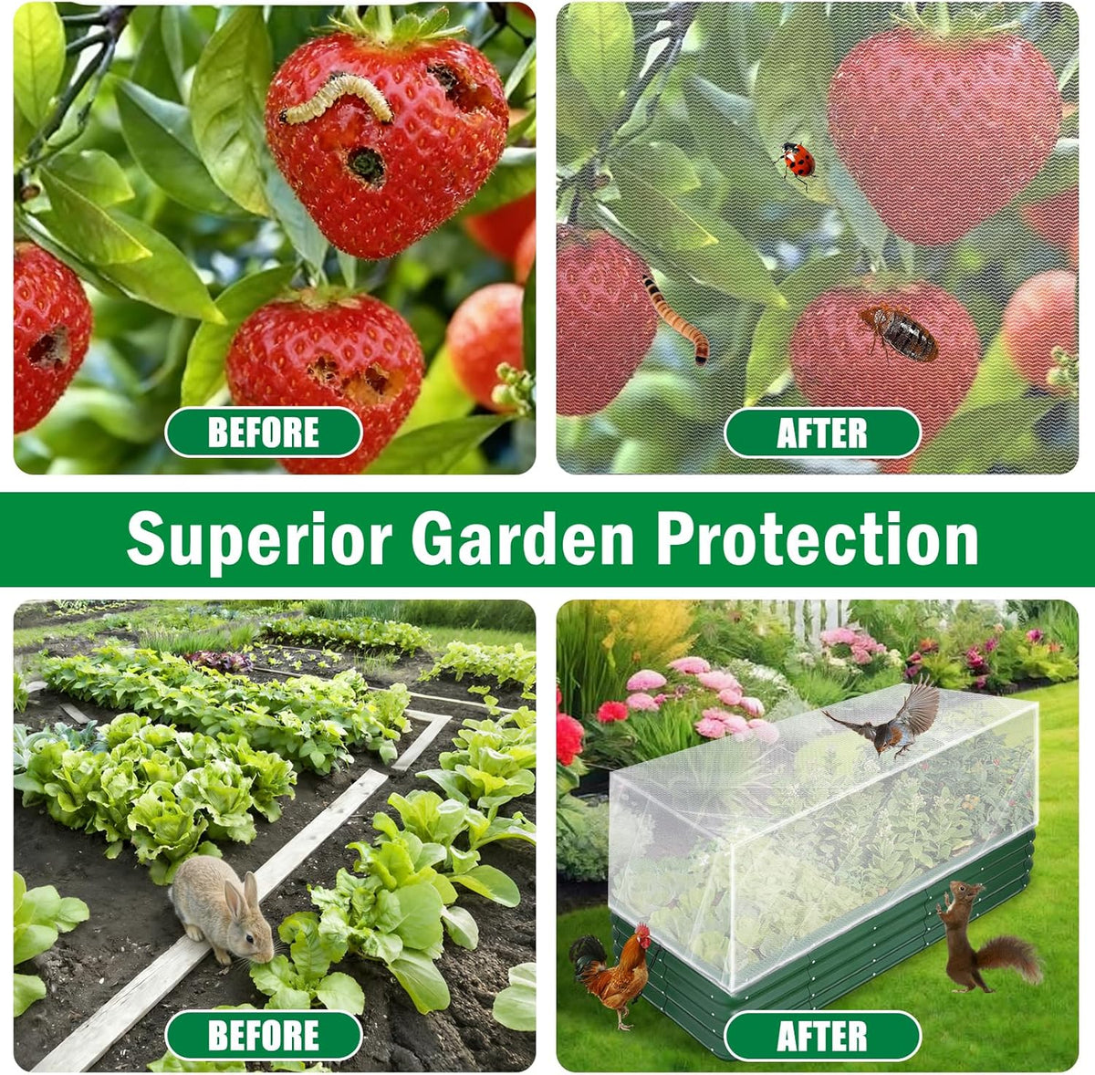 2 Pack Garden Netting Covers, 3.9X2FT Raised Bed Plant Netting, 10 Stakes