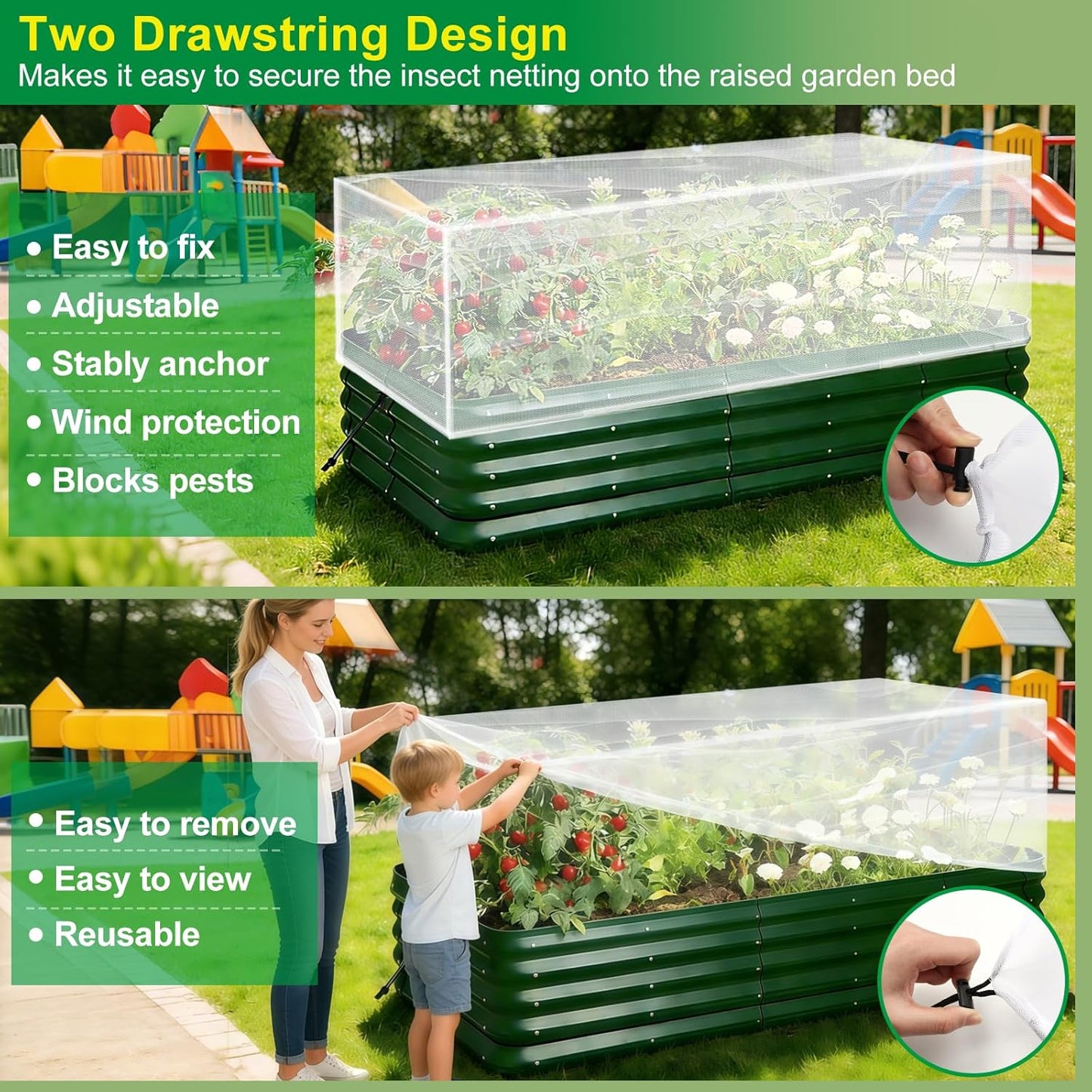2 Pack Garden Netting Covers, 3.9X2FT Raised Bed Plant Netting, 10 Stakes