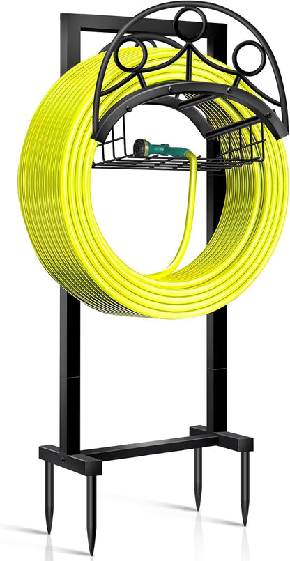 Garden Hose Holder – Detachable Water Hose Holders Stand, Holds 160-Feet Hose, Freestanding Metal Hose Storage Hanger Rack with Storage Basket for Outside Yard Lawn Farm