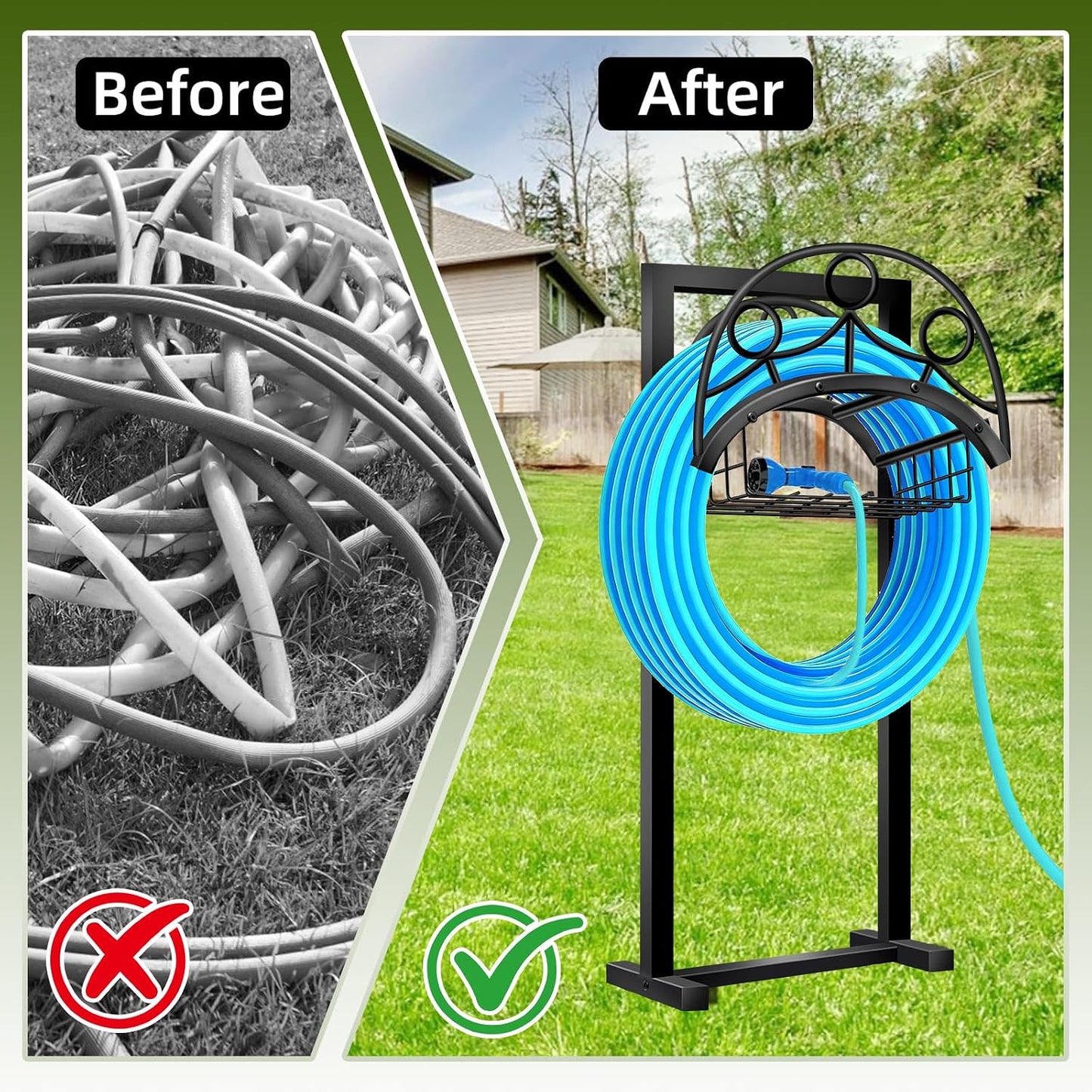 Garden Hose Holder – Detachable Water Hose Holders Stand, Holds 160-Feet Hose, Freestanding Metal Hose Storage Hanger Rack with Storage Basket for Outside Yard Lawn Farm