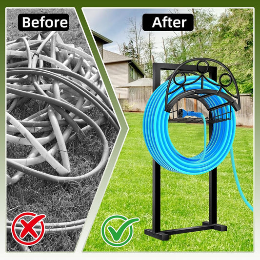 Garden Hose Holder – Detachable Water Hose Holders Stand, Holds 160-Feet Hose, Freestanding Metal Hose Storage Hanger Rack with Storage Basket for Outside Yard Lawn Farm