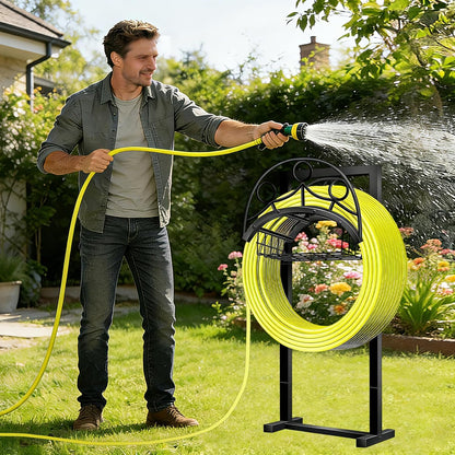 Garden Hose Holder – Detachable Water Hose Holders Stand, Holds 160-Feet Hose, Freestanding Metal Hose Storage Hanger Rack with Storage Basket for Outside Yard Lawn Farm