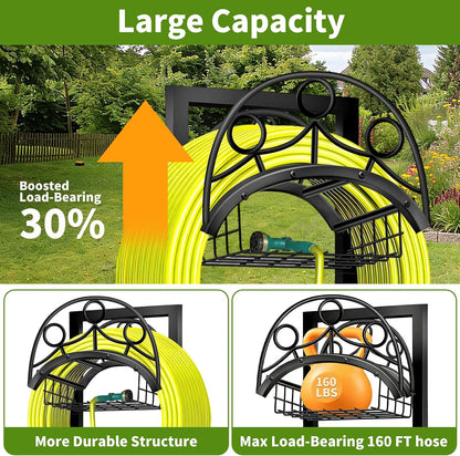 Garden Hose Holder – Detachable Water Hose Holders Stand, Holds 160-Feet Hose, Freestanding Metal Hose Storage Hanger Rack with Storage Basket for Outside Yard Lawn Farm
