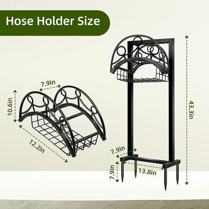 Garden Hose Holder – Detachable Water Hose Holders Stand, Holds 160-Feet Hose, Freestanding Metal Hose Storage Hanger Rack with Storage Basket for Outside Yard Lawn Farm