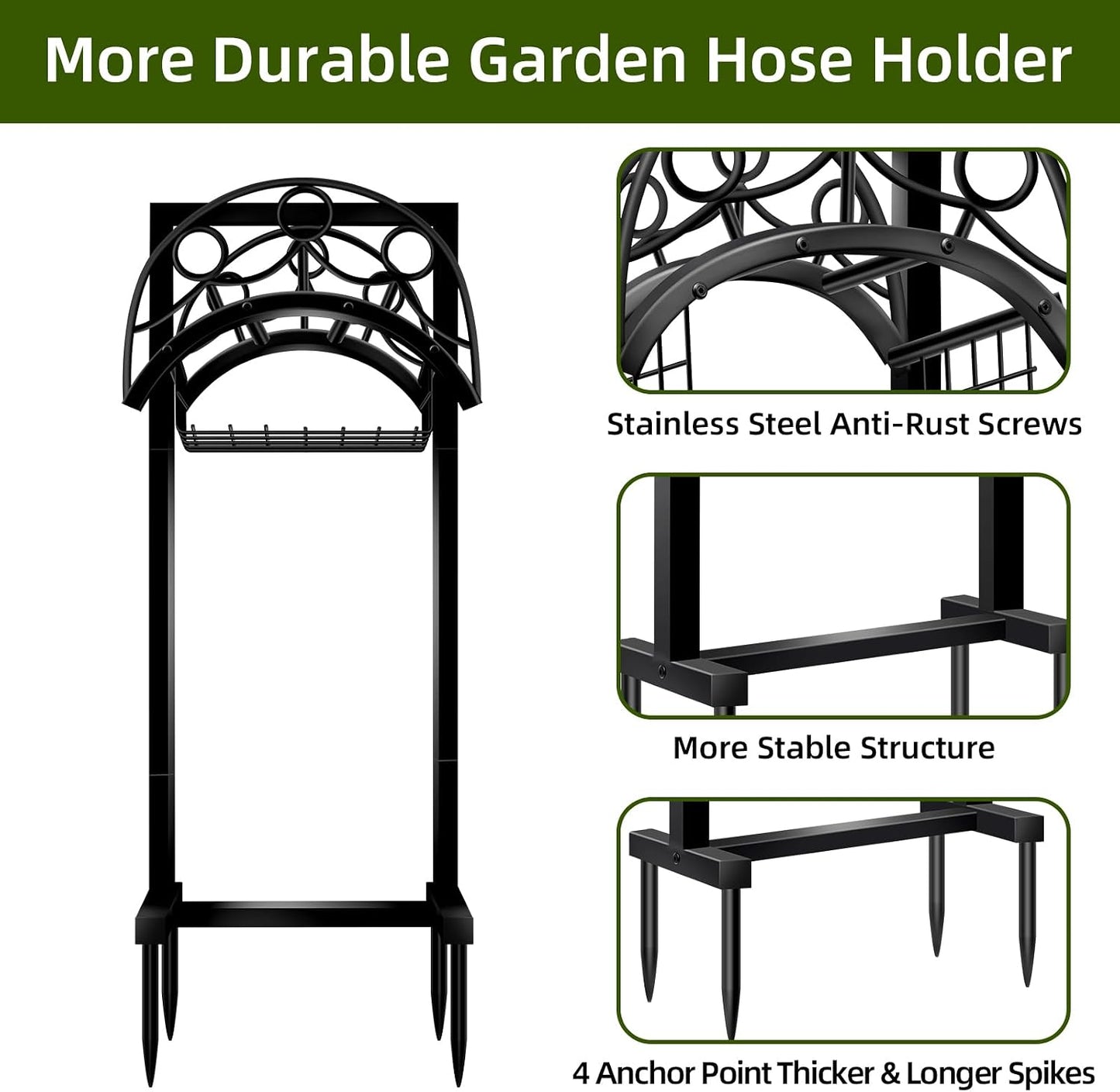 Garden Hose Holder – Detachable Water Hose Holders Stand, Holds 160-Feet Hose, Freestanding Metal Hose Storage Hanger Rack with Storage Basket for Outside Yard Lawn Farm
