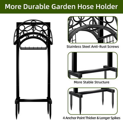 Garden Hose Holder – Detachable Water Hose Holders Stand, Holds 160-Feet Hose, Freestanding Metal Hose Storage Hanger Rack with Storage Basket for Outside Yard Lawn Farm