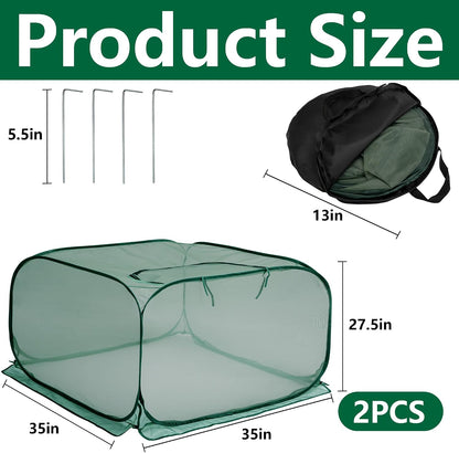 2 Pcs Pop Up Mesh Plant Cover, 35" x 35" x 27.5" Foldable Plant Protector Mesh Plant Enclosure, Garden Net Cage Guard Cover with 8 Ground Stakes for Protecting Plant Vegetable Fruit from Birds Insects