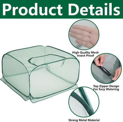 2 Pcs Pop Up Mesh Plant Cover, 35" x 35" x 27.5" Foldable Plant Protector Mesh Plant Enclosure, Garden Net Cage Guard Cover with 8 Ground Stakes for Protecting Plant Vegetable Fruit from Birds Insects