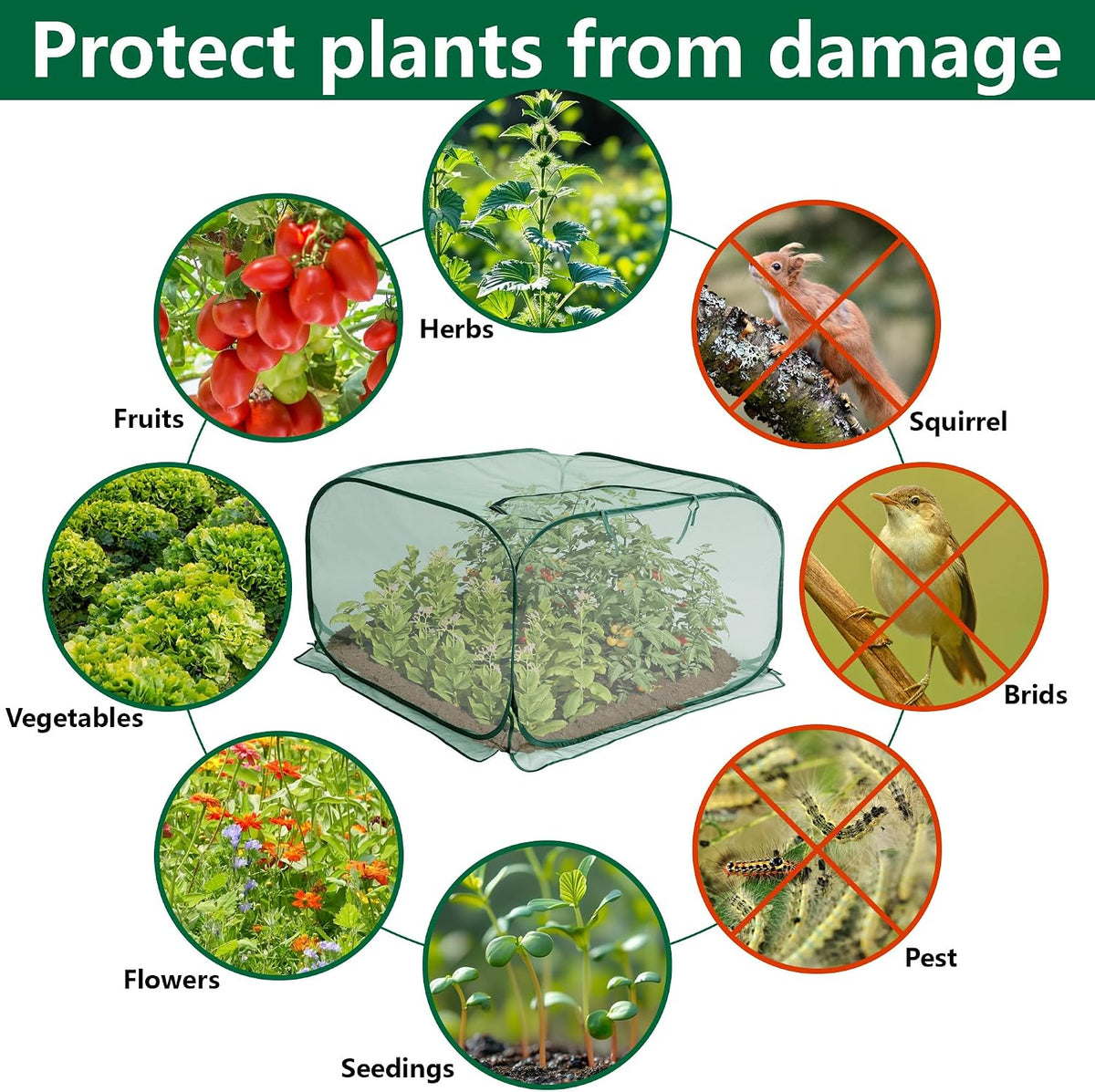 2 Pcs Pop Up Mesh Plant Cover, 35" x 35" x 27.5" Foldable Plant Protector Mesh Plant Enclosure, Garden Net Cage Guard Cover with 8 Ground Stakes for Protecting Plant Vegetable Fruit from Birds Insects