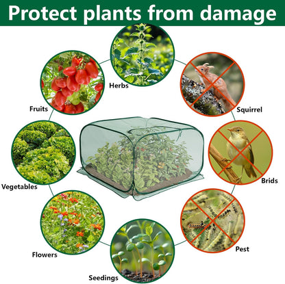 2 Pcs Pop Up Mesh Plant Cover, 35" x 35" x 27.5" Foldable Plant Protector Mesh Plant Enclosure, Garden Net Cage Guard Cover with 8 Ground Stakes for Protecting Plant Vegetable Fruit from Birds Insects