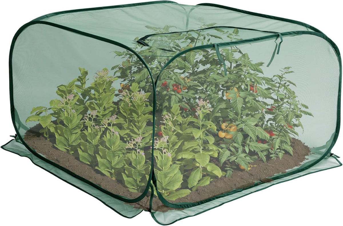 2 Pcs Pop Up Mesh Plant Cover, 35" x 35" x 27.5" Foldable Plant Protector Mesh Plant Enclosure, Garden Net Cage Guard Cover with 8 Ground Stakes for Protecting Plant Vegetable Fruit from Birds Insects