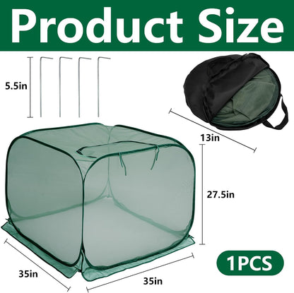 2 Pcs Pop Up Mesh Plant Cover, 35" x 35" x 27.5" Foldable Plant Protector Mesh Plant Enclosure, Garden Net Cage Guard Cover with 8 Ground Stakes for Protecting Plant Vegetable Fruit from Birds Insects