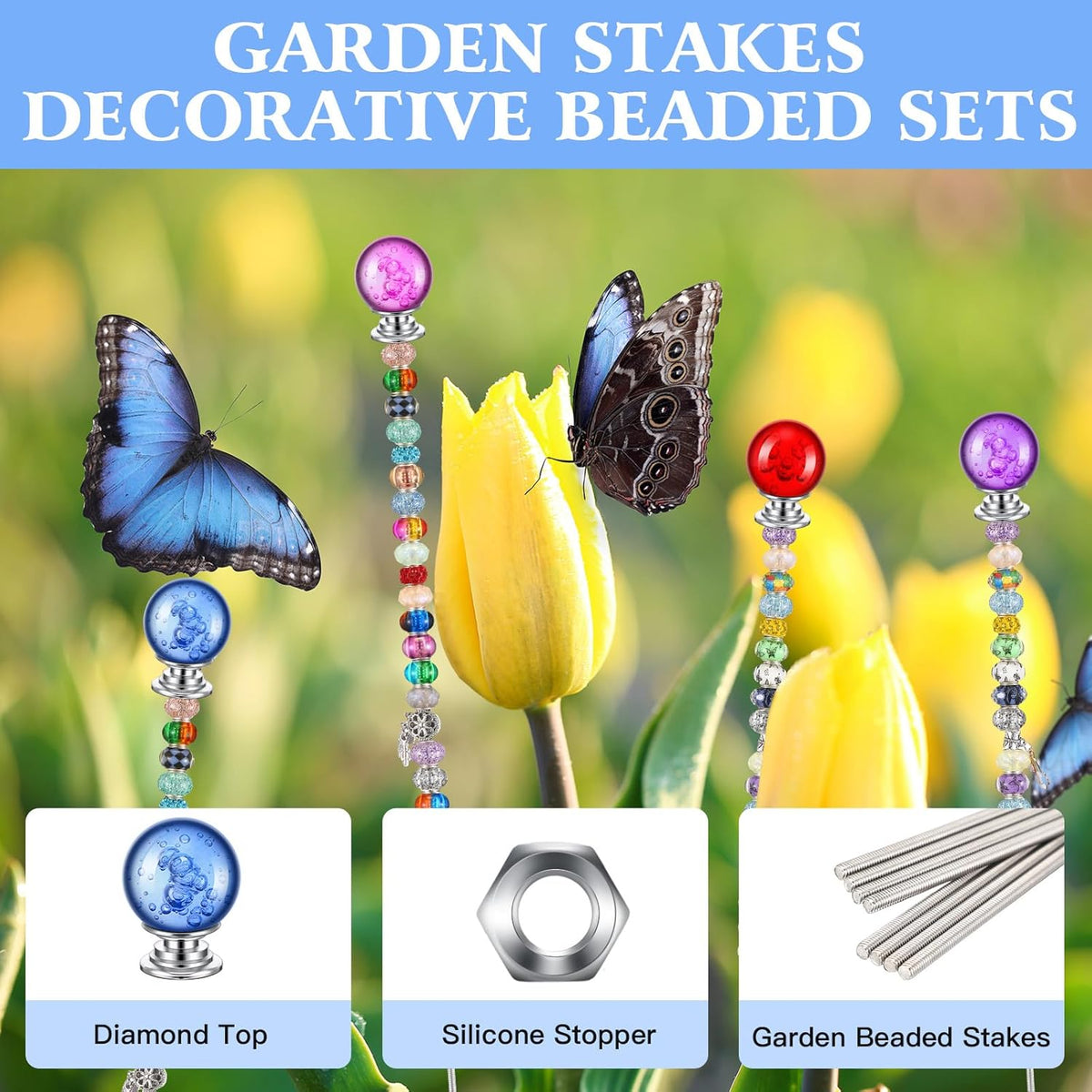 Pack of 8 Garden Beaded Stakes Wands Kit DIY Mini Fairy Sticks Rods