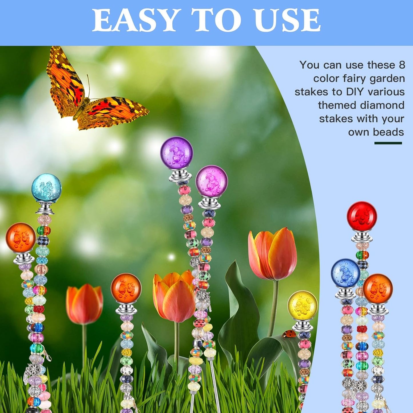 Pack of 8 Garden Beaded Stakes Wands Kit DIY Mini Fairy Sticks Rods