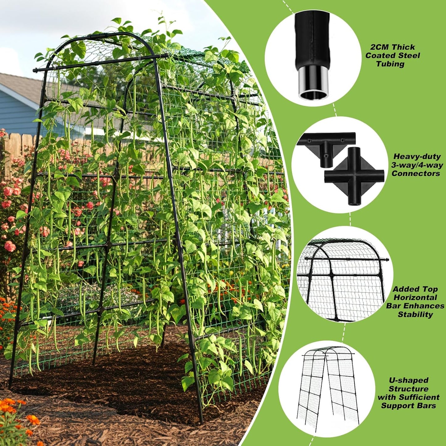 7Ft Garden Arch Trellis for Climbing Plants Outdoor, Heavy Duty Coated Metal Cucumber Trellis for Raised Beds, Tall Steel Gardening Arbor for Vegetables, Tomatoes, Grape, Bean (83’’ x 49’’ x 63’’)