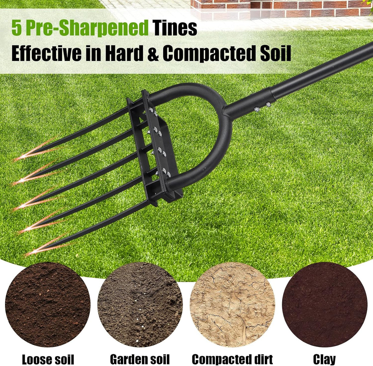 5-Tine Heavy Duty Garden Fork, 69" Metal Pitch Fork with Ergonomic D-Grip Handle for Digging, Weeding, Soil Loosening, Composting
