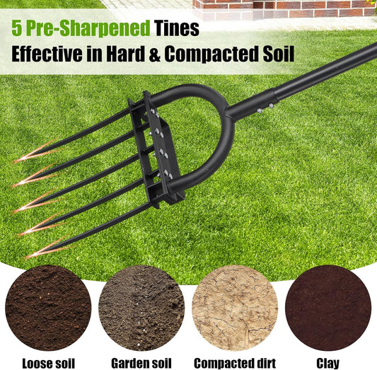 5-Tine Heavy Duty Garden Fork, 69" Metal Pitch Fork with Ergonomic D-Grip Handle for Digging, Weeding, Soil Loosening, Composting