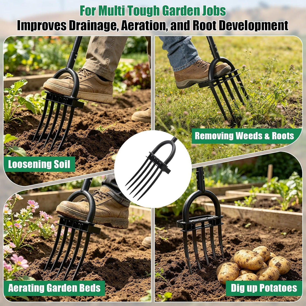 5-Tine Heavy Duty Garden Fork, 69" Metal Pitch Fork with Ergonomic D-Grip Handle for Digging, Weeding, Soil Loosening, Composting