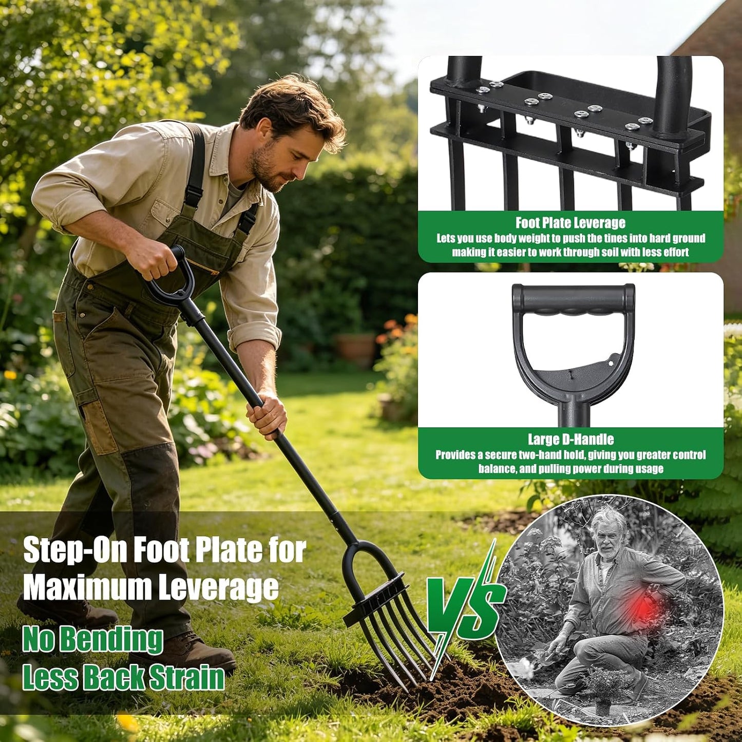 5-Tine Heavy Duty Garden Fork, 69" Metal Pitch Fork with Ergonomic D-Grip Handle for Digging, Weeding, Soil Loosening, Composting