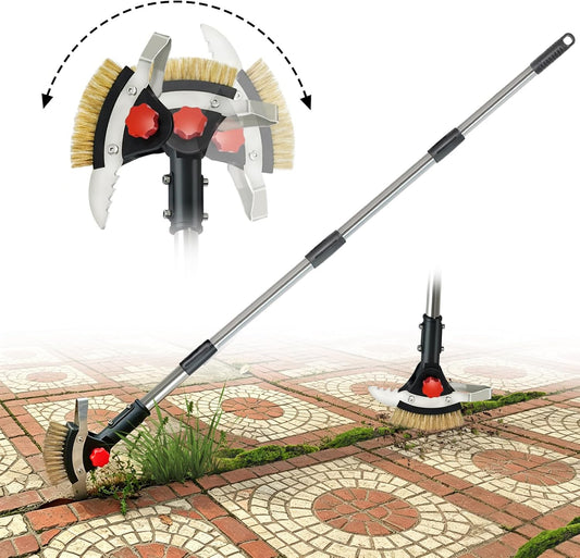 3-in-1 Crack Weeder Tool, Long Handle Scraper & Weed Brush