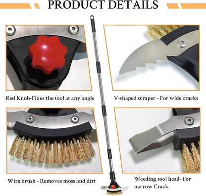 3-in-1 Crack Weeder Tool, Long Handle Scraper & Weed Brush