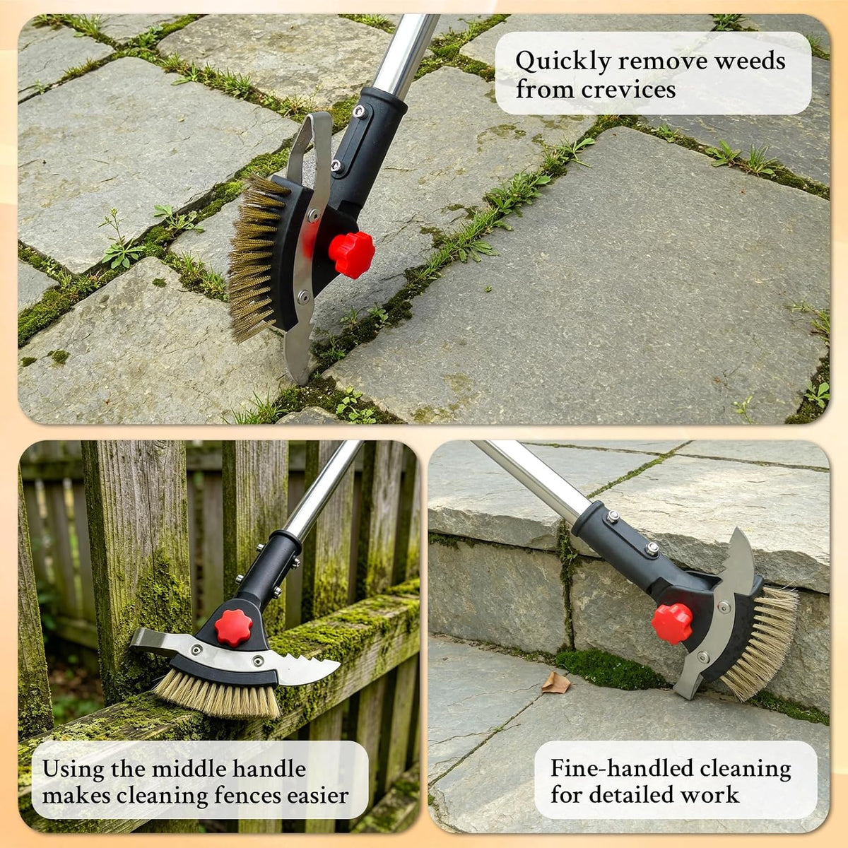 3-in-1 Crack Weeder Tool, Long Handle Scraper & Weed Brush