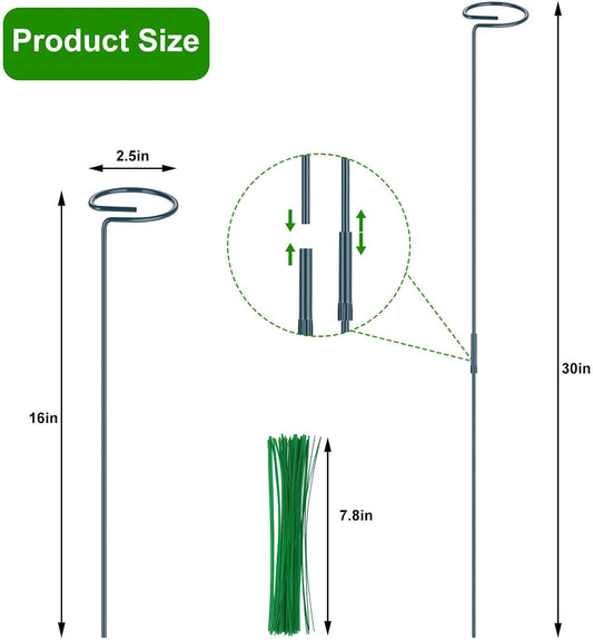 4 Pack Plant Support Stakes, 16/32 Inch Garden Stakes with 50 PCS Twist Ties, Plant Accessories for Indoor Outdoor Potted Tomato Vegetables Amaryllis Monstera Rose Peony Marigold