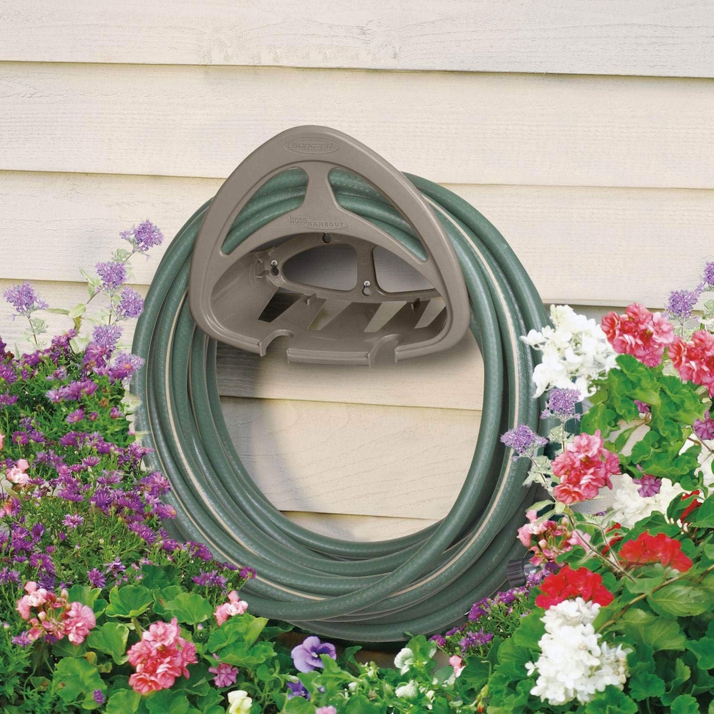 4 Pack Hangout HH150 Outdoor Wall Mounted Durable Resin Garden Hose Holder with Accessories Shelf, Designed for 150 Foot Garden Hoses, Taupe