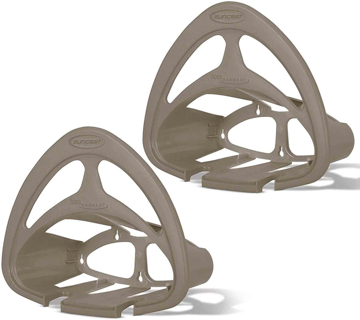 4 Pack Hangout HH150 Outdoor Wall Mounted Durable Resin Garden Hose Holder with Accessories Shelf, Designed for 150 Foot Garden Hoses, Taupe