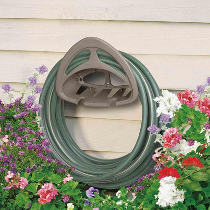 4 Pack Hangout HH150 Outdoor Wall Mounted Durable Resin Garden Hose Holder with Accessories Shelf, Designed for 150 Foot Garden Hoses, Taupe