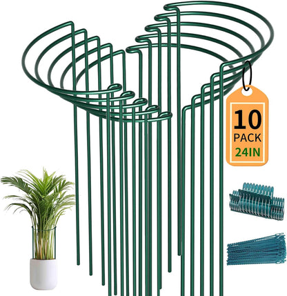 10 Pack Garden Supports for Plants Metal 10" Wide x 24" High Interlock Half Round Garden Plant Support Ring Border Support Plant Support Ring Cage for Rose Flowers Vine Tomato