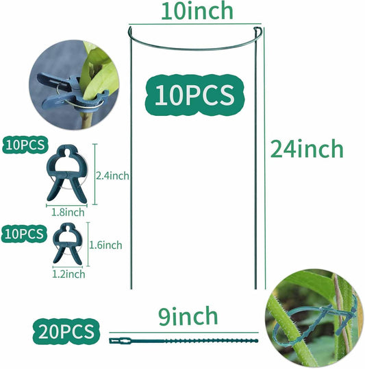 10 Pack Garden Supports for Plants Metal 10" Wide x 24" High Interlock Half Round Garden Plant Support Ring Border Support Plant Support Ring Cage for Rose Flowers Vine Tomato