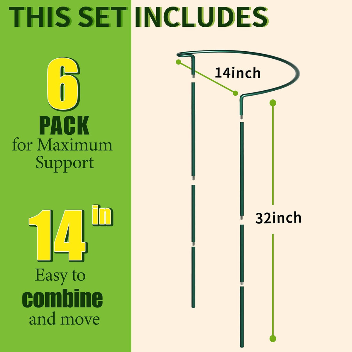 10 Pack Garden Supports for Plants Metal 10" Wide x 24" High Interlock Half Round Garden Plant Support Ring Border Support Plant Support Ring Cage for Rose Flowers Vine Tomato