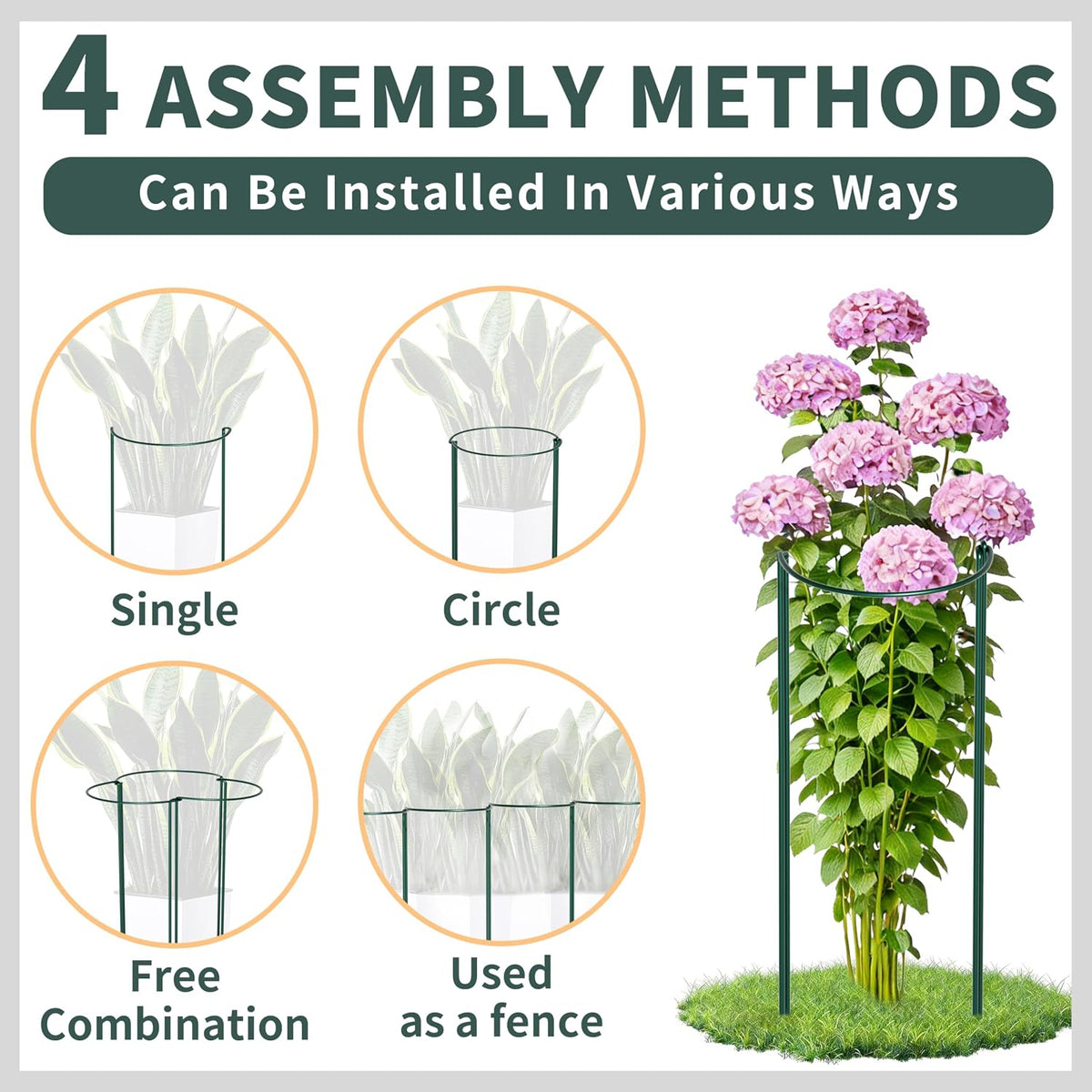 10 Pack Garden Supports for Plants Metal 10" Wide x 24" High Interlock Half Round Garden Plant Support Ring Border Support Plant Support Ring Cage for Rose Flowers Vine Tomato