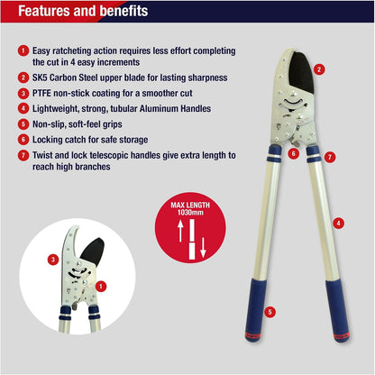 8290RS Razorsharp Heavy Duty Telescopic Ratchet Anvil Loppers, Extendable 40 1/2" Handles, Ideal for Cutting Thick Hard To Reach Branches, Powerful Ratcheting Mechanism