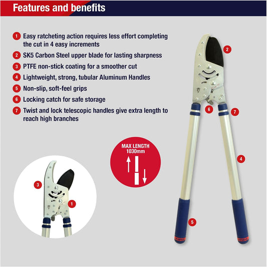 8290RS Razorsharp Heavy Duty Telescopic Ratchet Anvil Loppers, Extendable 40 1/2" Handles, Ideal for Cutting Thick Hard To Reach Branches, Powerful Ratcheting Mechanism