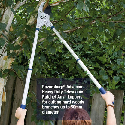 8290RS Razorsharp Heavy Duty Telescopic Ratchet Anvil Loppers, Extendable 40 1/2" Handles, Ideal for Cutting Thick Hard To Reach Branches, Powerful Ratcheting Mechanism