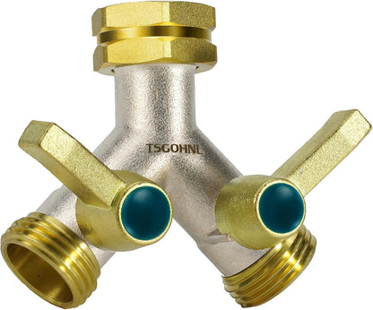 Garden Hose splitter, Heavy Duty Solid Brass Y splitter, Rust Resistant Two-Way Faucet splitter, Frost Resistant Outdoor Hose splitter，Brass Nickel，Extended Metal Handle Valve